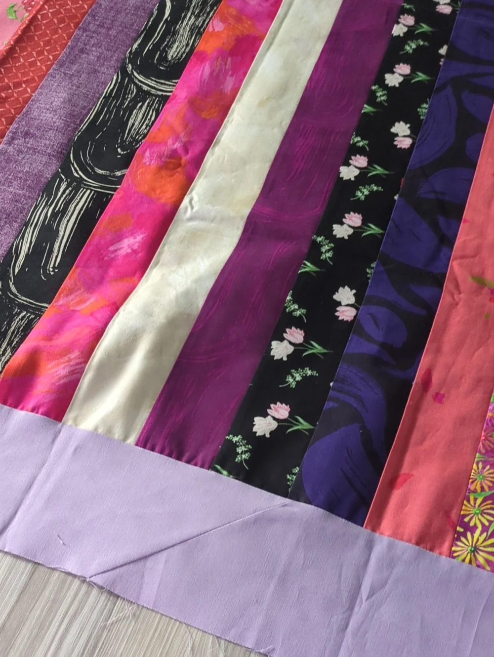 Handmade Unfinished Quilt Top UFO Modern Strip Quilt Purple Pink 49.5 x 62.5